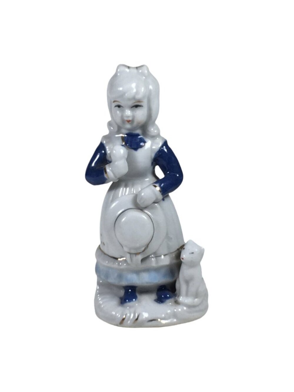 Girl with Cat Ceramic Figurine Holding Hat 5" Tall Blue & White